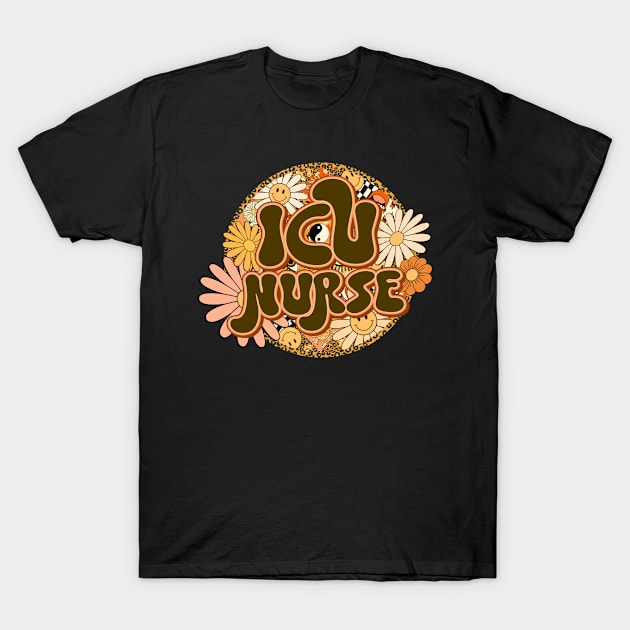 ICU Nurse Retro Groovy Floral Leopard T-Shirt by BuddyandPrecious